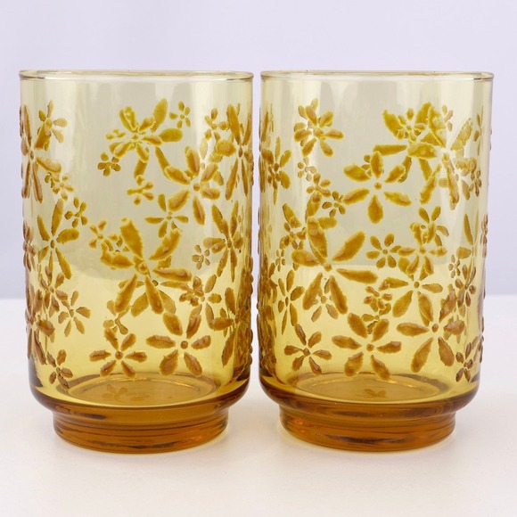 Libbey Other - Vintage Libbey Gold Bouquet Amber Glass Tumblers Set 2 Floral Raised Pattern 5"